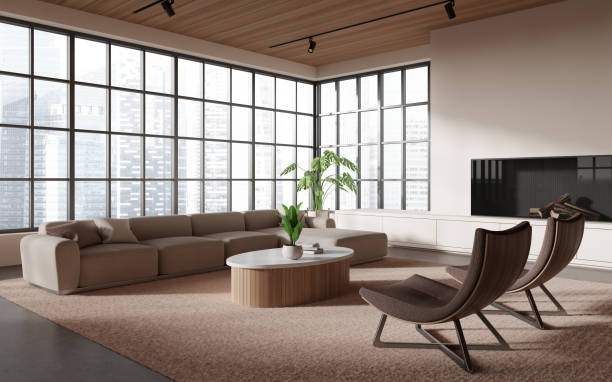 istock Beige living room corner with fireplace and sofa 1497859991
