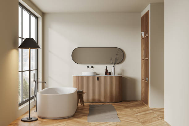 istock Cozy bathroom interior with washbasin and bathtub, shelf and panoramic window 1497860057