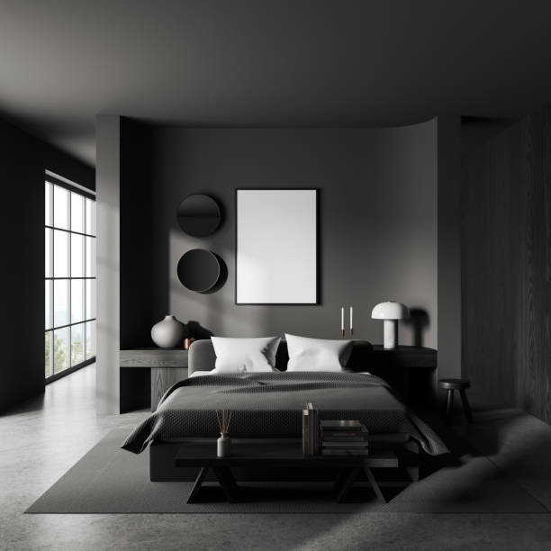 istock Gray master bedroom interior with vertical poster 1497860112