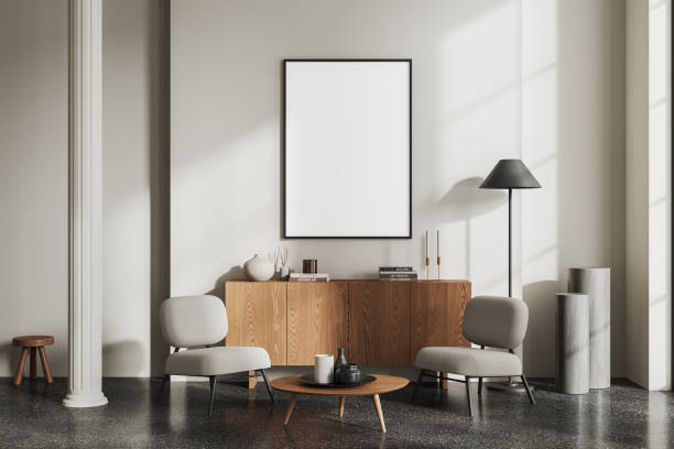 istock Cozy chill room interior armchairs and sideboard with decor, mockup frame 1497860211