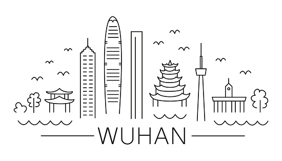 Wuhan Chinese city silhouette linear vector drawing for your design. Architecture of China outline urban view