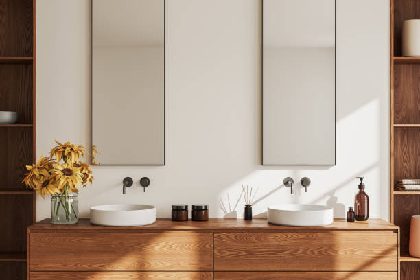 istock Cozy bathroom interior with double sink and bathing accessories 1497860534