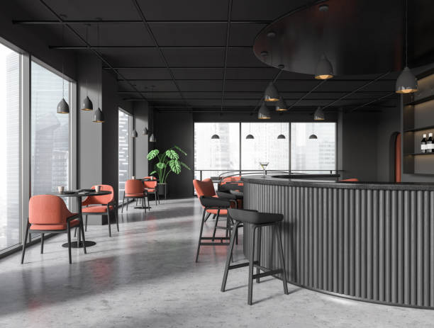 istock Grey cafe interior bar counter and dining area, armchairs and panoramic window 1497860665
