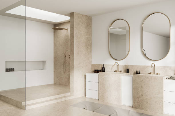 istock Cozy bathroom interior with double sink and douche on podium, accessories 1497860915