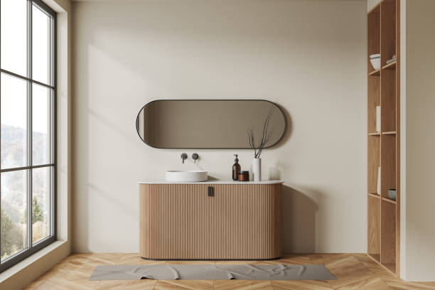 istock Comfortable beige bathroom with sink and mirror 1497860958