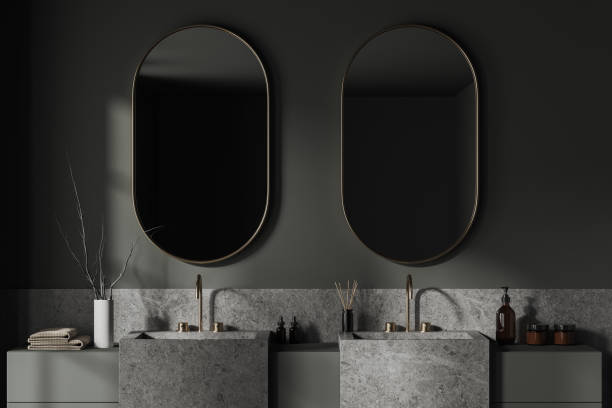 istock Gray bathroom interior with double sink, close up 1497861047