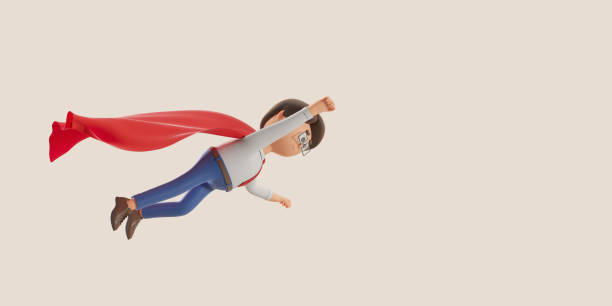 3d rendering. Cartoon character businessman flying with hand forward, empty beige background. Super hero with red cloak, concept of success, goal and achievement illustration
