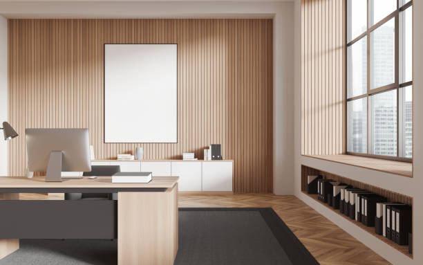 istock Beige and wooden CEO office interior with poster 1497862632