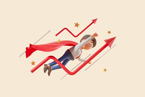 3d rendering. Cartoon character businessman take off with hand forward, rising red arrows on beige background. Superhero flying up to the stars. Concept of success and development illustration