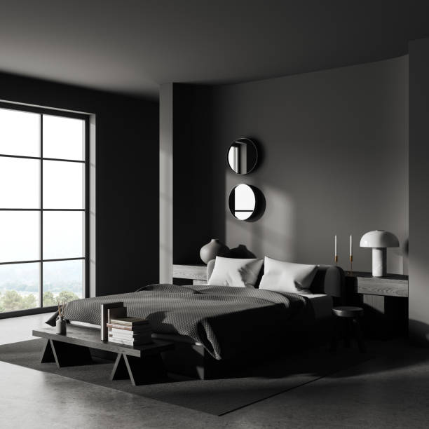 istock Grey bedroom interior with bed and minimalist decoration, panoramic window 1497862884