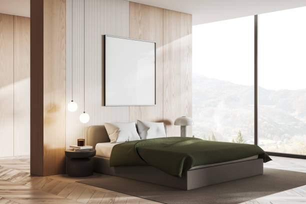istock Light bedroom interior with sleep corner and panoramic window. Mock up frame 1497863361