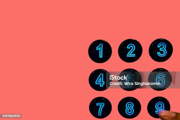 Woman Finger Press On Number Nine Stock Photo - Download Image Now - Adult, Adults Only, Black Color