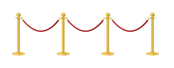 istock Retractable belt rack. Portable tape barrier. Red carpet with red ropes on golden stanchions. Exclusive event, movie premiere, gala, ceremony, awards concept. Vector 1497865188