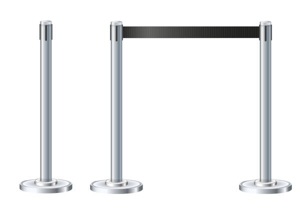 istock Retractable belt rack. Portable tape barrier. Red tape for fencing. Red carpet with red ropes on silver supports. Exclusive event, movie premiere, gala concert, awards ceremony. 1497865948