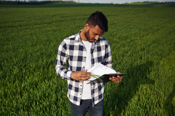 istock Reading the information from notepad. Handsome Indian man is on the agricultural field 1497867074