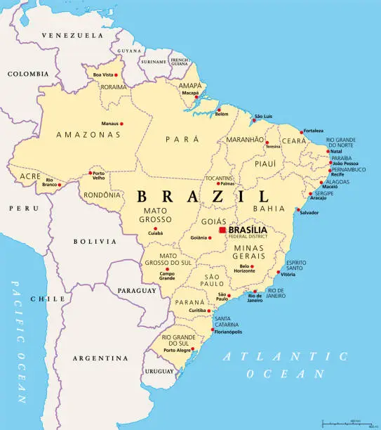 Vector illustration of States of Brazil, federative units with their capitals, political map