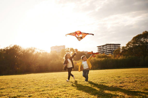 istock Two kids are playing with kite on the summer field 1497868501