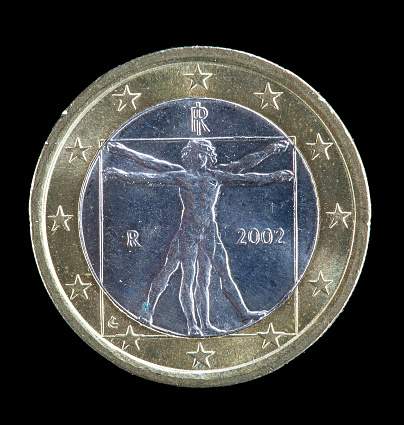 Vitruvian Man on a 2002 one euro two toned coin.