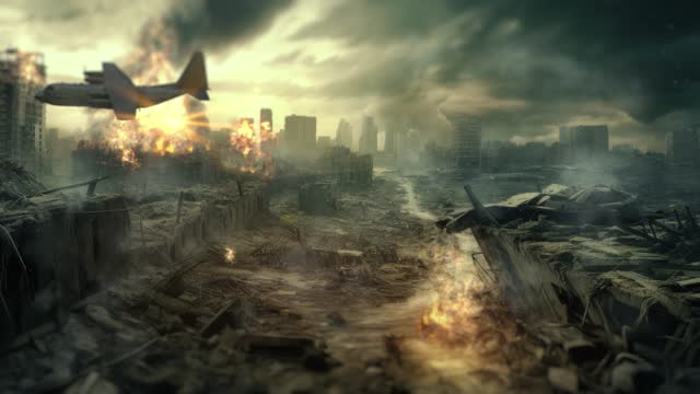 Apocalypse and depressing view of bombed out burning city. 3D dramatic video animation with cinematic effects.