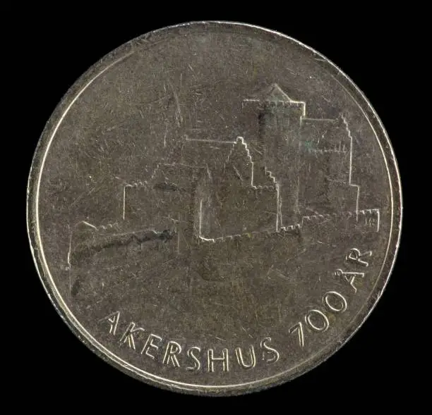 Photo of 20 Kroner Norwegian coin commemorating the 700th anniversary of Akershus Fortress.