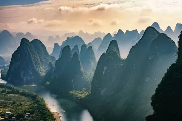 A stunning landscape featuring the Yang River near the Guilin Mountains in China