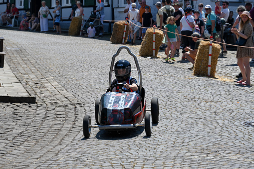 Korschenbroich, Germany, June 11, 2023 - Soapbox race in the historic old town of Liedberg, Lower Rhine Area.