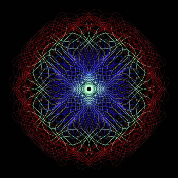 Vector illustration of Glowing guilloche gradient pattern of many wavy blending lines. Colorful magic mandala.