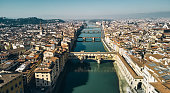 Aerial view of Ponte Vecchio bridge and Arno river in Florence