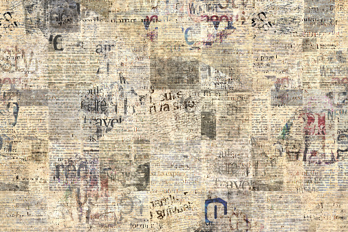 Vintage grunge newspaper paper texture background. Blurred old newspaper background. A blur unreadable aged newspaper page with place for text. Gray brown beige collage news pages background.