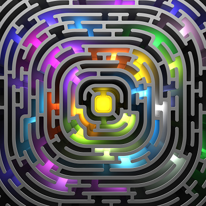 3D render maze with multi-colored illumination, top view