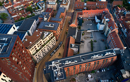 Odense aerial view. Drone point of view in mixed new and old city district