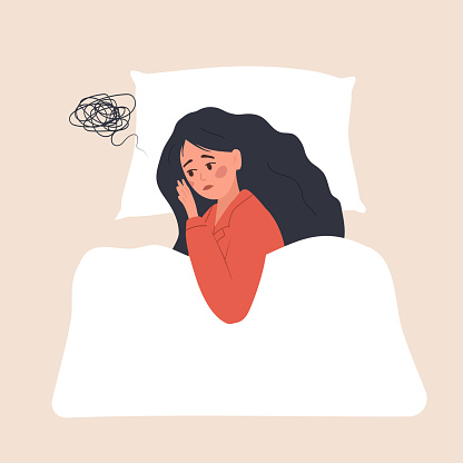 Sleep disorder. Tired and upset woman suffer from insomnia. Sleepless girl lying in bed and thinking about problems. Vector illustration in flat cartoon style. Pregnancy or menopause.