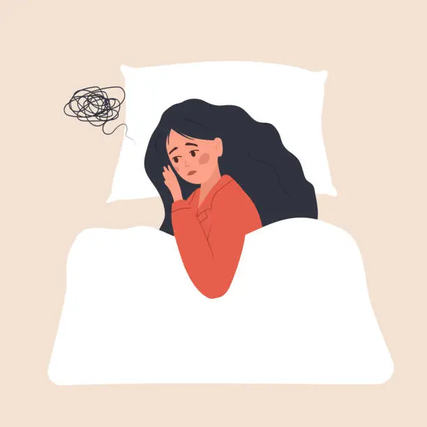 Vector illustration of Sleep disorder. Tired and upset woman suffer from insomnia. Sleepless girl lying in bed and thinking about problems. Vector illustration in flat cartoon style. Pregnancy or menopause