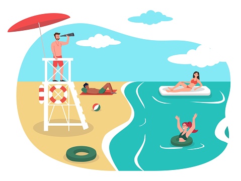Lifeguard on beach. Man with binoculars stands on tower and watches rest. Summer holidays recreation. Tower ensuring safety at coastline, beach. Cartoon flat vector illustration