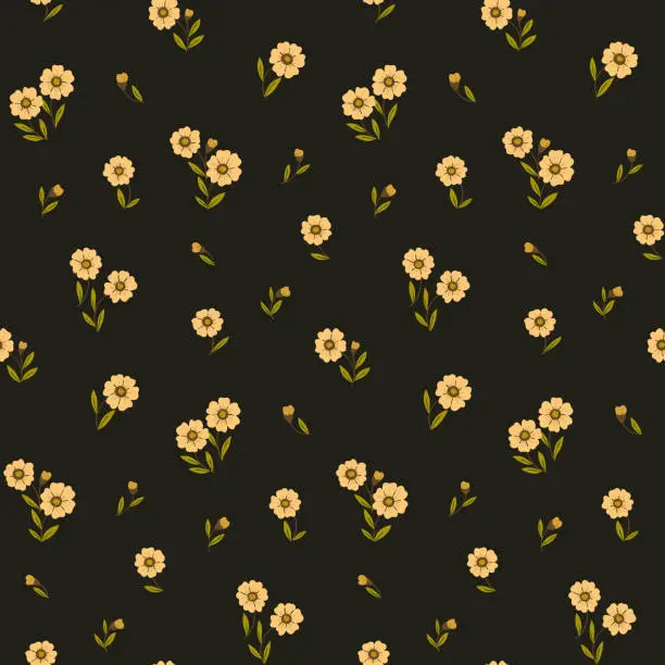 Vector illustration of Seamless floral pattern in vintage folk style: small flowers on a brown background. Vector illustration.