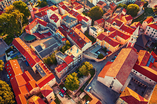 Top view of the Zadar old town and sea. Zadar, Croatia. Travel destinations vacational background. View from above.