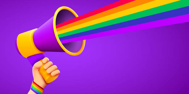 istock Hand holds megaphone with LGBT rainbow flag. Pride month banner. People's rights movement, diversity concept. 1497884874