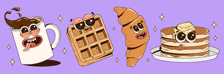 Cute food characters illustration. Funky retro groovy coffee, waffle, croissant, pancake. Contemporary mascots for cafe, restaurant, bar. Vector art.