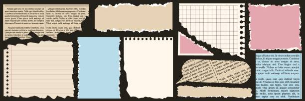 ilustraciones, imágenes clip art, dibujos animados e iconos de stock de un juego de papel roto, hojas de cuaderno, periódico viejo. elementos de moda para el collage. ilustración vectorial contemporánea. - chatarra