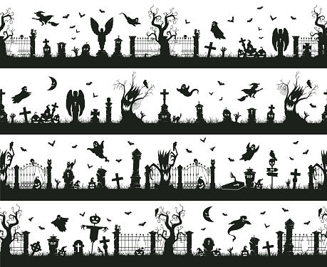 Halloween seamless borders. Creepy halloween decorations, spooky cemetery grave stones with crosses and scary trees flat vector illustration set. Sinister landscape silhouettes