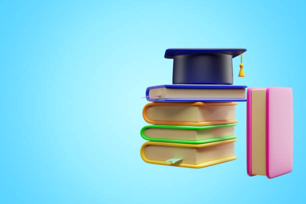 istock Stack of books and academic cap isolated on blue background. 3d rendering 1497885605