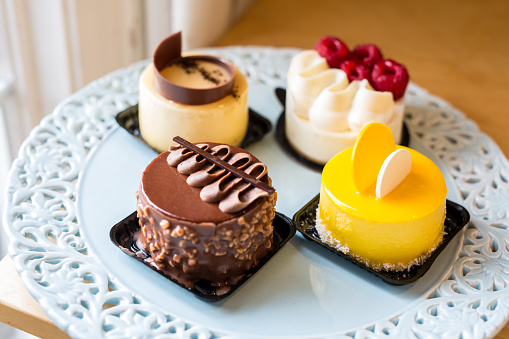 A variety of four different mini gourmet cakes, one raspberry cheesecake, one mango cream, one chocolate, one tiramisu on a plate