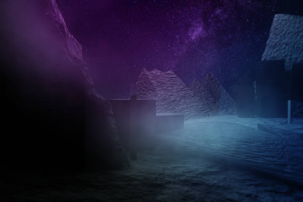istock 3d Render, Scifi Landscape Futuristic night post apocalyptic scenario with abstract alien landscape and moonlight glow in neon light. 1497886598