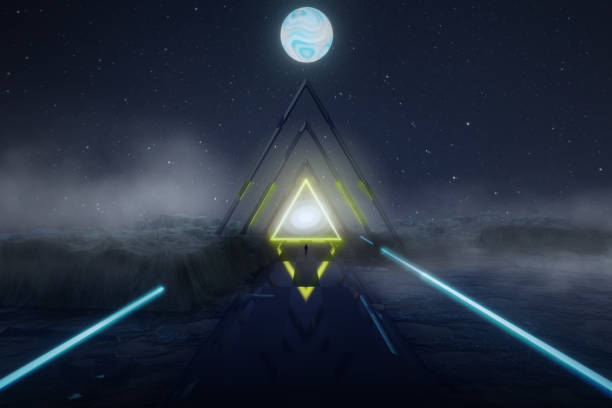 istock 3d Render, Scifi Landscape Futuristic night post apocalyptic scenario with abstract alien landscape and moonlight glow in neon light. 1497886668