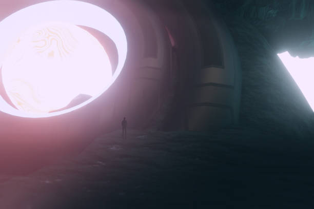 istock 3d Render, Scifi Landscape Futuristic night post apocalyptic scenario with abstract alien landscape and moonlight glow in neon light. 1497886688