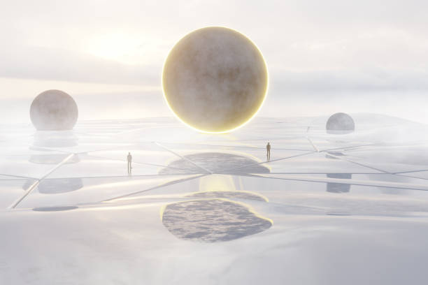 istock 3d Render, Scifi Landscape Futuristic night post apocalyptic scenario with abstract alien landscape and moonlight glow in neon light. 1497886779
