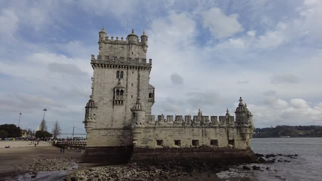 Portugal, Lisbon - March 2023: View of the Torre de Belém Garden. Landmark of the city.