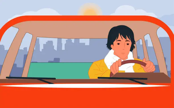 Vector illustration of The guy is driving in a car around the city