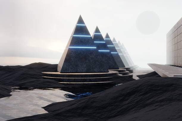 istock 3d Render, Scifi Landscape Futuristic night post apocalyptic scenario with abstract alien landscape and moonlight glow in neon light. 1497887609