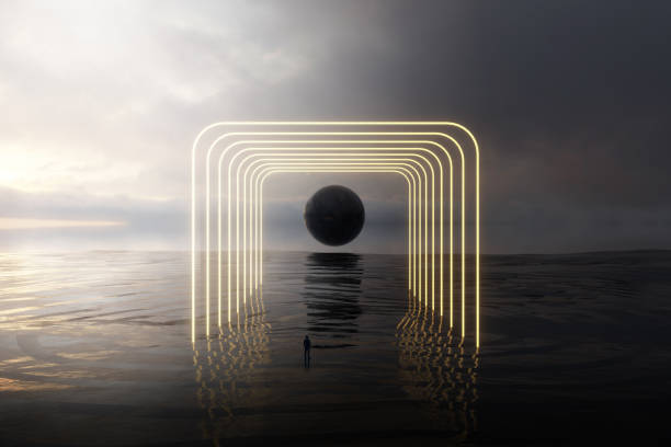istock 3d Render, Scifi Landscape Futuristic night post apocalyptic scenario with abstract alien landscape and moonlight glow in neon light. 1497887630